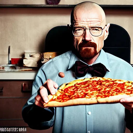 Image similar to walter white eating pizza, photography,