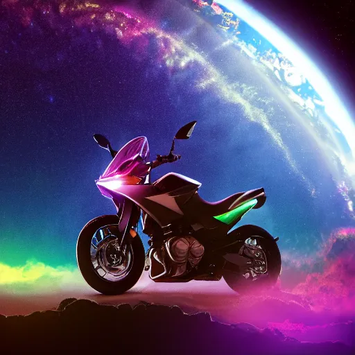 Prompt: high detail photo of a deserted,iridescent color, yamaha motorcycle floating in space inside magic colorful glowing sparkling fog, circular planet behind it, starry sky, tranquil, desolate, atmospheric, hazy, autochrome, 8k, reflections, octane render, unreal engine 5