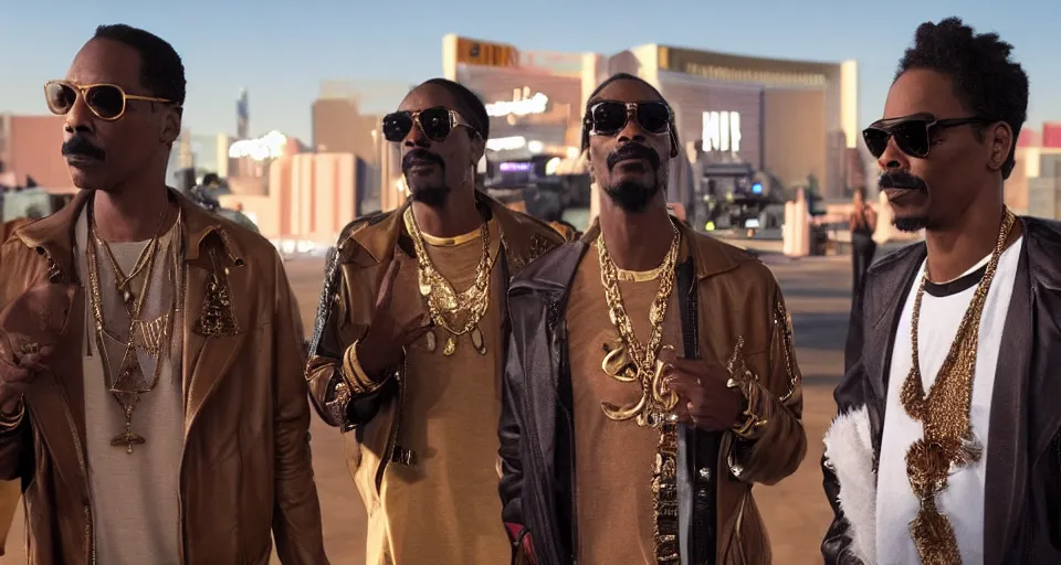 Prompt: first image afrofuturistic heist movie starring eddie murphy, snoop dogg and chris rock, sundance official selection. shot on the las vegas strip with alexa mini, stunning cinematography, golden hour, filmgrain.