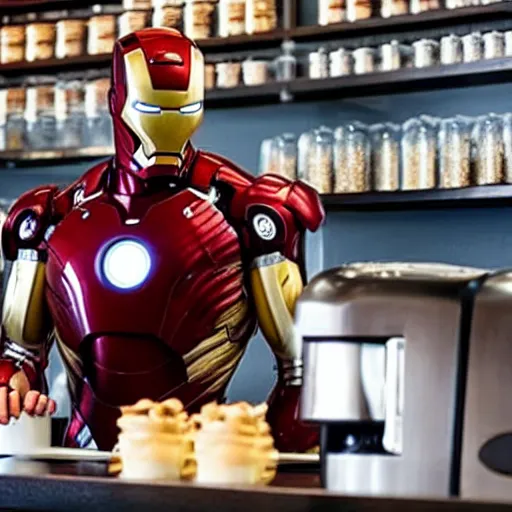 Prompt: Iron Man working as a Barista