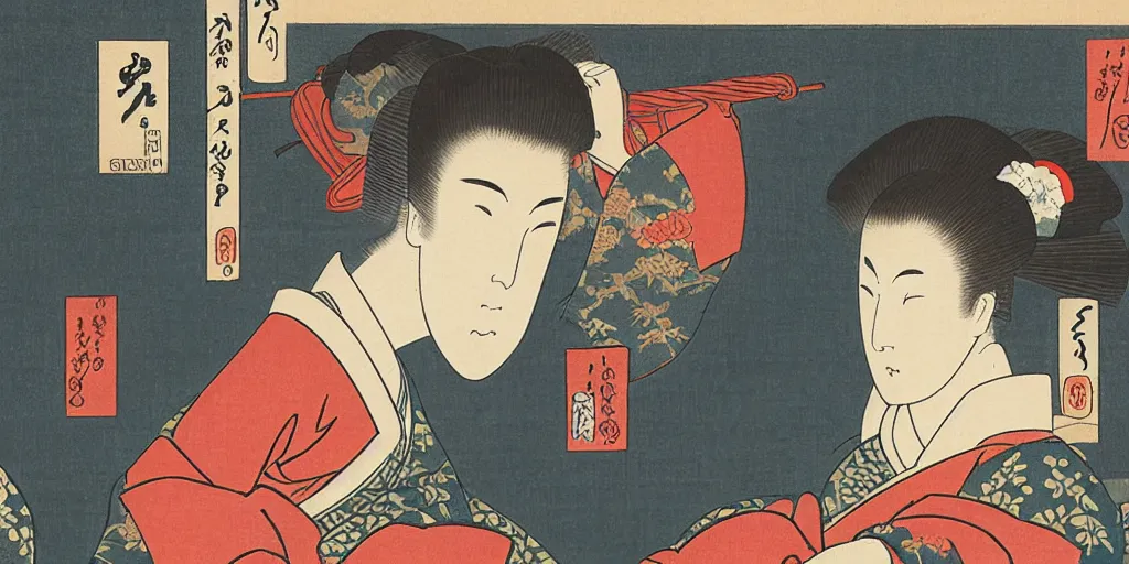 Prompt: ukiyo - e woodblock print of a geisha and a samurai inside a bedroom, by hokusai