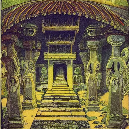 Prompt: highly detailed illustration of an ancient temple filled with magical energy by edmund dulac and android jones, scans from museum collection, opical illusion, mind blowing, strange