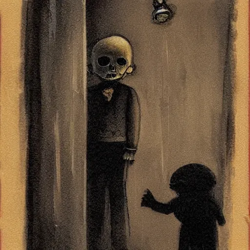 Image similar to dark attic with the man with a doll head, dark ,night, horror art