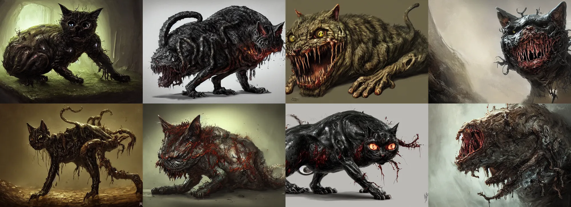 Prompt: a nightmarish slimy monster cat, with black eyes, rotting flesh, exposed bone, by neville page, concept art, dramatic lighting, highly detailed digital painting