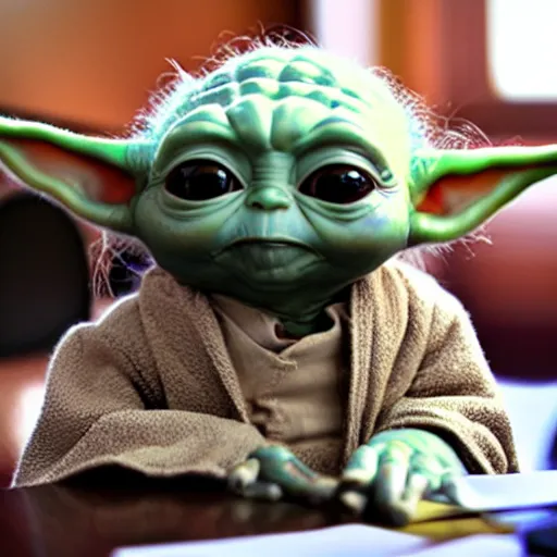 Prompt: baby Yoda doing his taxes, photo