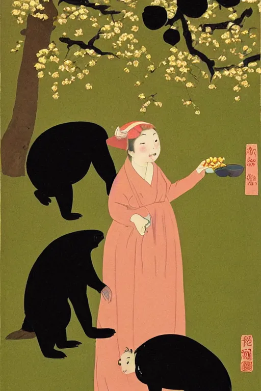 Image similar to portrait of a girl giving a peach to a large anthropomorphic asian black bear, in the style of foujita tsuguharu