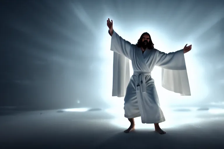 Image similar to jesus christ wearing a white robe strikes a dance pose in the apocalypse, intricate, hyper detailed, accent lighting, dramatic light, 4 k octane render