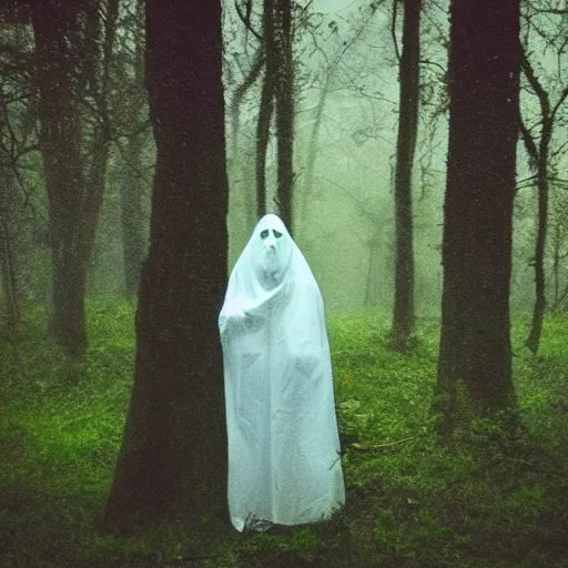 Prompt: lomo rainy ghost scary in the woods,