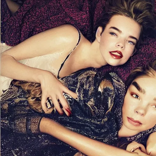 Prompt: stunning vogue magazine photo of dark - haired goddesses vanessa kirby, hailee steinfeld, and bjork smiling, legs intertwined, laying back on the bed, with wet faces!!, wet lips, perfect eyes, insanely detailed, elegant, by rutkowski, livia prima, mucha, wlop,