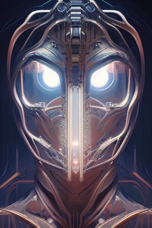 Image similar to professional concept art symmetrical portrait of a horrendous robotic fractal species in a dark room by artgerm and greg rutkowski. an intricate, elegant, highly detailed digital painting, concept art, smooth, sharp focus, illustration, in the style of cam sykes.