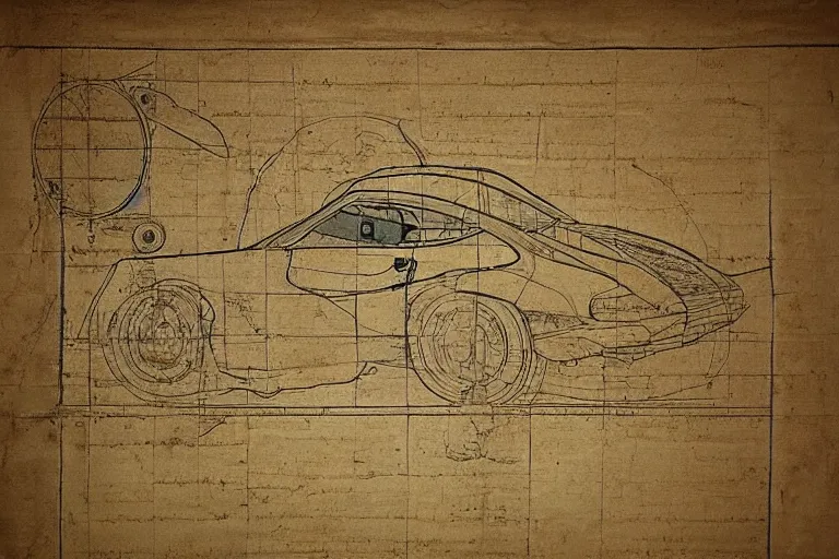 Image similar to ancient technical schematics on parchment by leonardo da vinci of a porsche 9 1 1