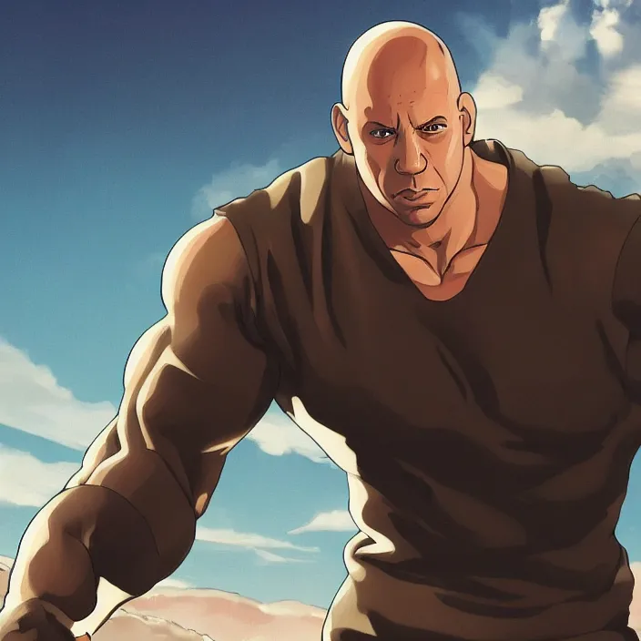 Prompt: landscape, long shot of far, distant vin diesel as saitama! punching!!! a car!!!!!! into space, hyperrealism, trending on artstation