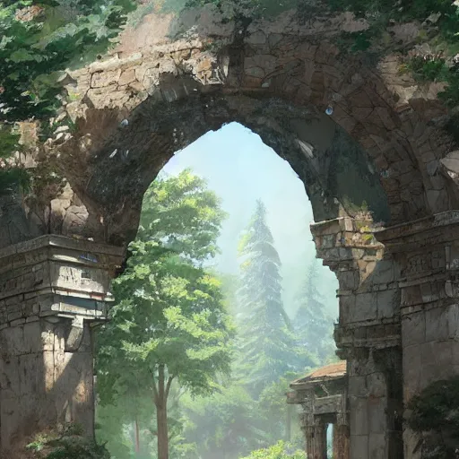 Image similar to concept art painting of an ornate ancient stone archway, in the woods, realistic, detailed, cel shaded, in the style of makoto shinkai and greg rutkowski and james gurney