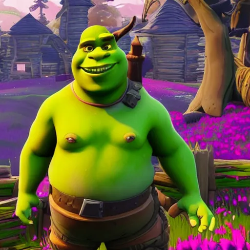 Prompt: shrek winning in fortnite