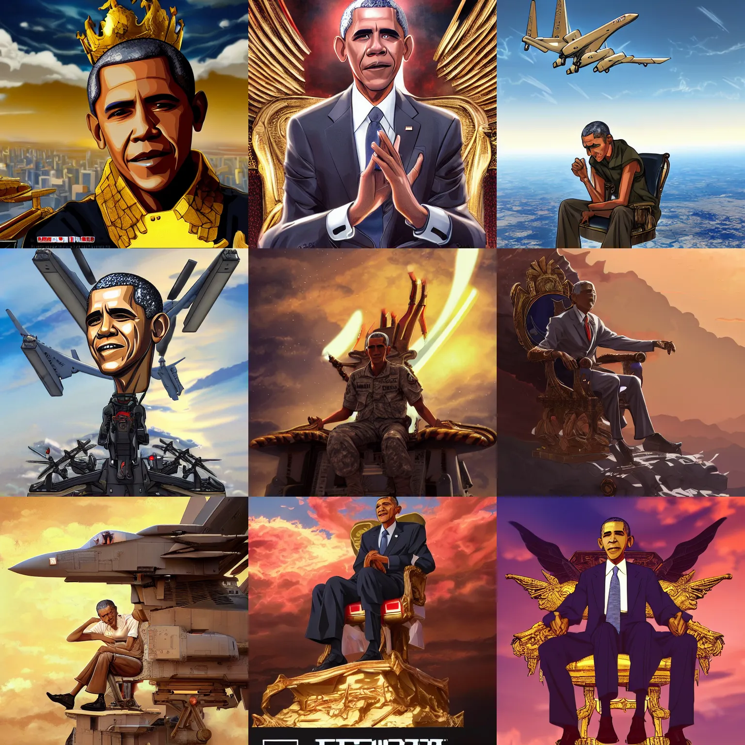 Prompt: anime of Barack Obama (played by Barack Obama) sitting in the sky on a golden throne, MQ-1 Predator Drones (military) flying, intricate details, Key Art, award winning, Artstation, sharp, Hyperdetailed, 8k resolution.