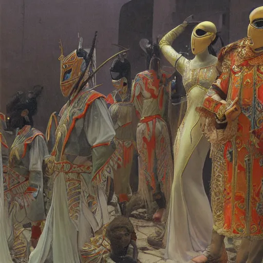 Image similar to study of masked Byzantine Tang Dynasty dancers on the art deco streets of the Undying Empire city of ya-Sattra during the Festival of Masks, award-winning realistic sci-fi concept art by Beksinski, Bruegel, Greg Rutkowski, Alphonse Mucha, and Yoshitaka Amano