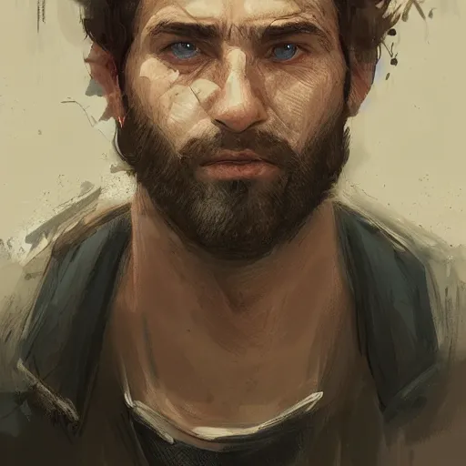 Image similar to Portrait of a man by Greg Rutkowski, he is about 30 years old, Nordic and Hebrew factions, messy brown short hair, strong, tired expression, father figure image, he is wearing a aegean blue utilitarian jumpsuit, highly detailed portrait, scifi, digital painting, artstation, concept art, smooth, sharp foccus ilustration, Artstation HQ.