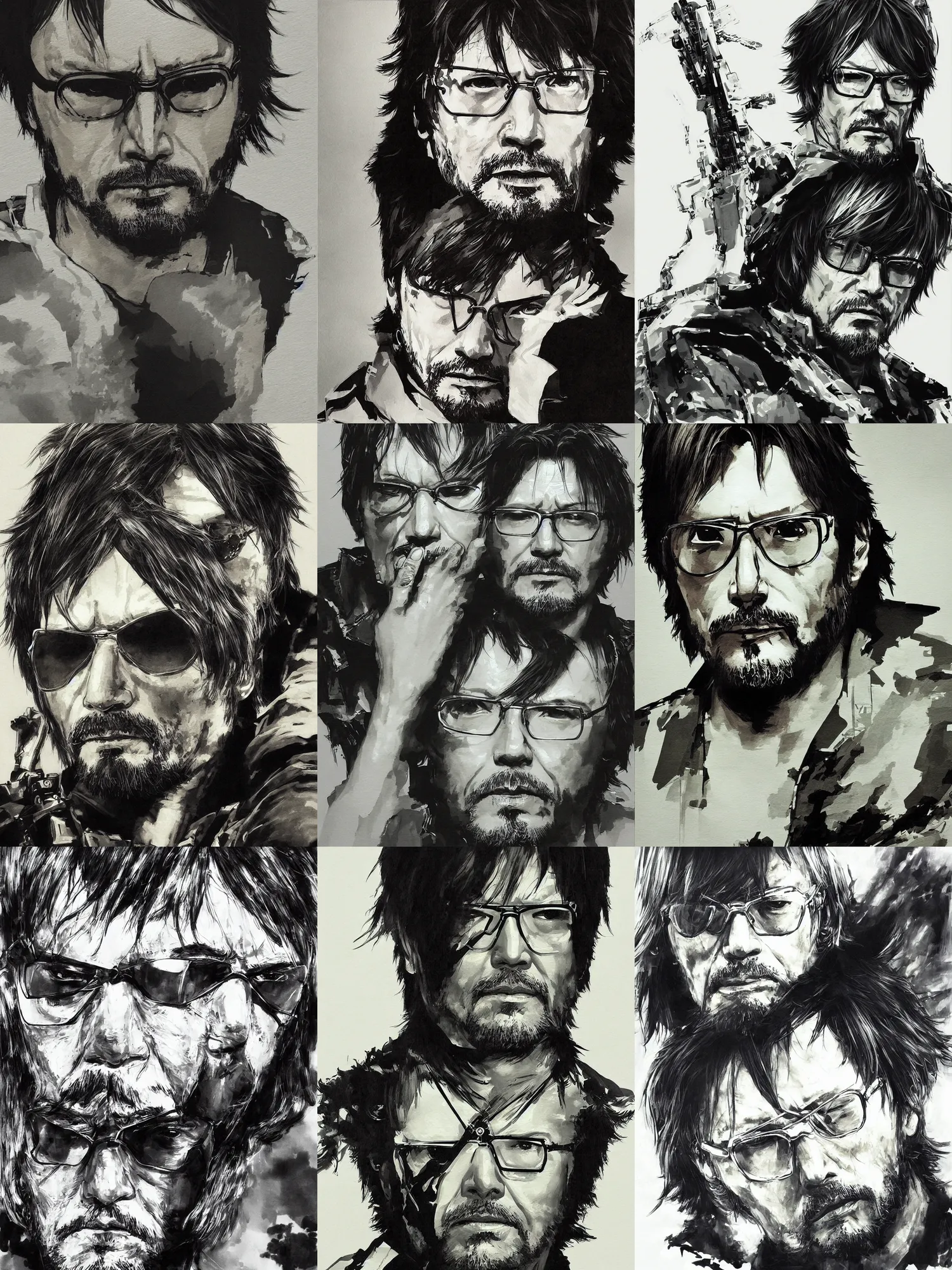 Prompt: “A centered portrait painting of hideo kojima by yoji shinkawa, trending on art station, metal gear solid”