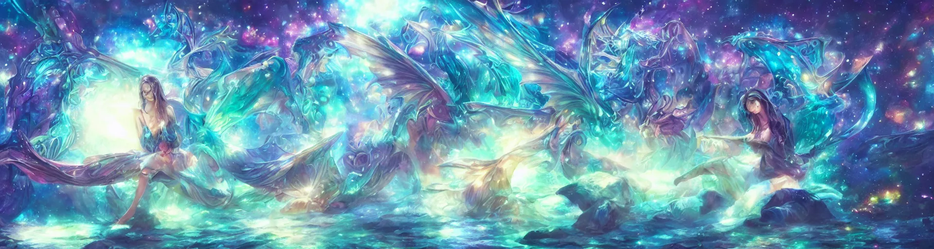 Image similar to a crystal dragon 🐉 , psychedelic, whimsical, 4k, beautiful, a crystal and flower, reflective pool, surrounded by gems, underneath the stars, rainbow fireflies, trending on patreon, deviantart, twitter, artstation, volumetric lighting, heavy contrast, art style of Greg Rutkowski and Miho Hirano and Ross Tran