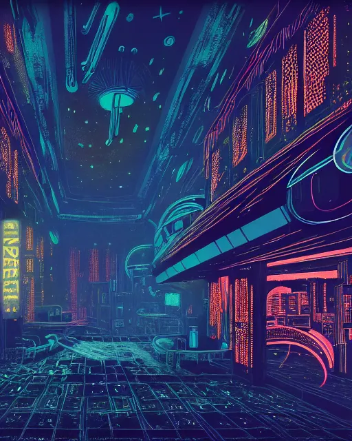 Prompt: urbex by pierre de meuron, cosmic at night at dusk thermal imaging flowers at dawn nightsky anime neon signs bladerunner 2 0 4 9 alien myst sci - fi steampunk magic realism tron, archdaily, wallpaper, highly detailed, trending on artstation.