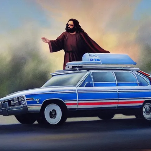 Image similar to hyperrealism painting of jesus christ on top of a police car in a police chase