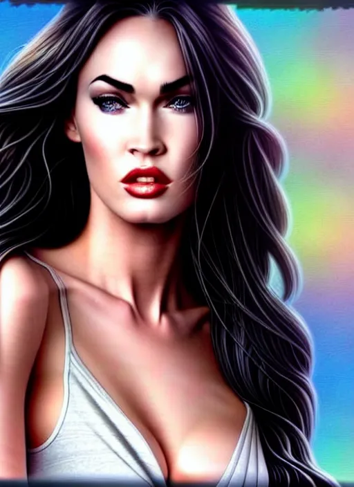 Image similar to megan fox in the style of stefan kostic, realistic, full body shot, wide angle, sharp focus, 8 k high definition, insanely detailed, intricate, elegant, art by stanley lau and artgerm, floating embers