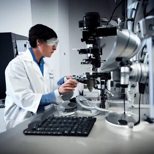 Prompt: scientist working with electron microscope in a clean environment, photography