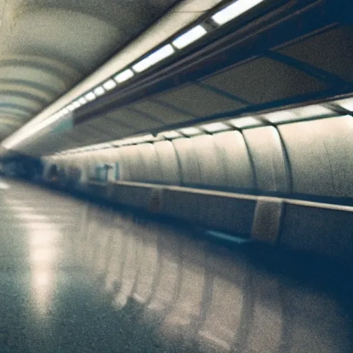 Image similar to a beautiful photo of an astronaut waiting in a subway station, 1970', soft light, morning light, photorealistic, realistic, octane, 8k, cinematic shot