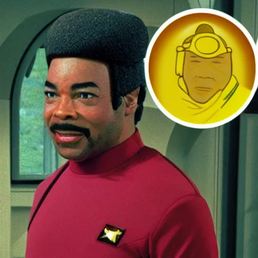 Image similar to Geordi LaForge wearing visor and a colander and random kitchen tools on his head