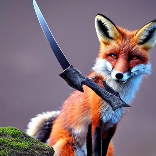 Image similar to a fox holding a sword in its mouth