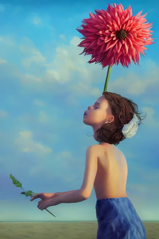 Image similar to closeup girl with huge dahlia flower head, on beach, surreal photography, blue sky, sunrise, dramatic light, impressionist painting, digital painting, artstation, simon stalenhag