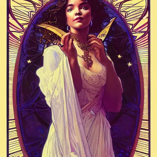 Prompt: tessa thompson portrait by louis - theophile hingre and alphonse mucha, realistic, sharp focus, zodiac signs, tarot cards, planets, ethereal, art nouveau, magic, moon, sun, crown, dreamy, royal, jewellery