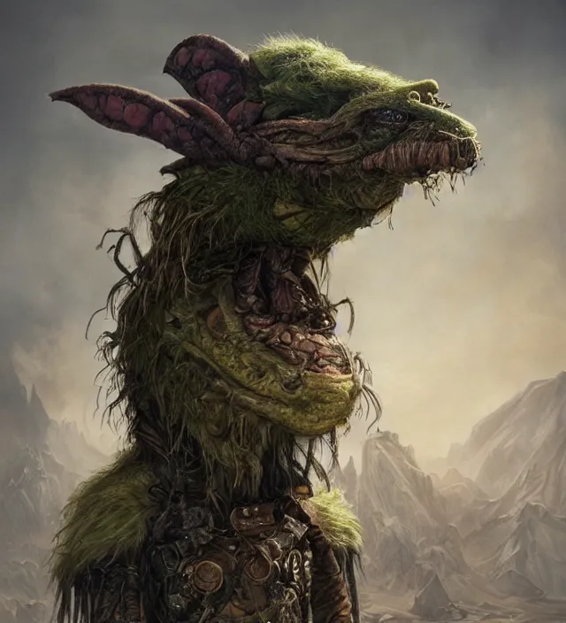 Prompt: hyper realistic portrait of postapocalyptic muppet monster goblin, cinematic, symmetric, dark crystal, artstation, cgsociety, alan lee, brian froud, jean baptiste monge, scott radke