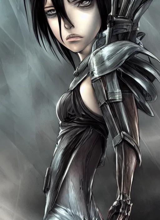 Image similar to Mikasa Ackerman, concept art, smooth matte, focused, illustration art style by Ian Spriggs and H R Giger