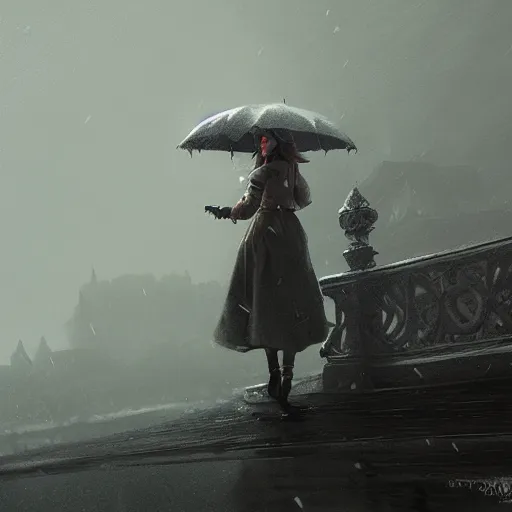 Prompt: women with umbrella beautiful dynamic lighting, cinematic, wide angle establishing shot, extremely high detail, photo realistic, cinematic lighting, post processed, concept art, artstation, matte painting, style by Jakub Rozalski , unreal engine 8k