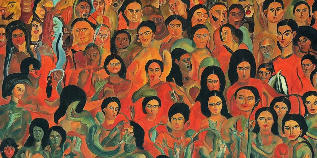 Prompt: The devil runs a group of people's lives in a big circle, Frida painting style.