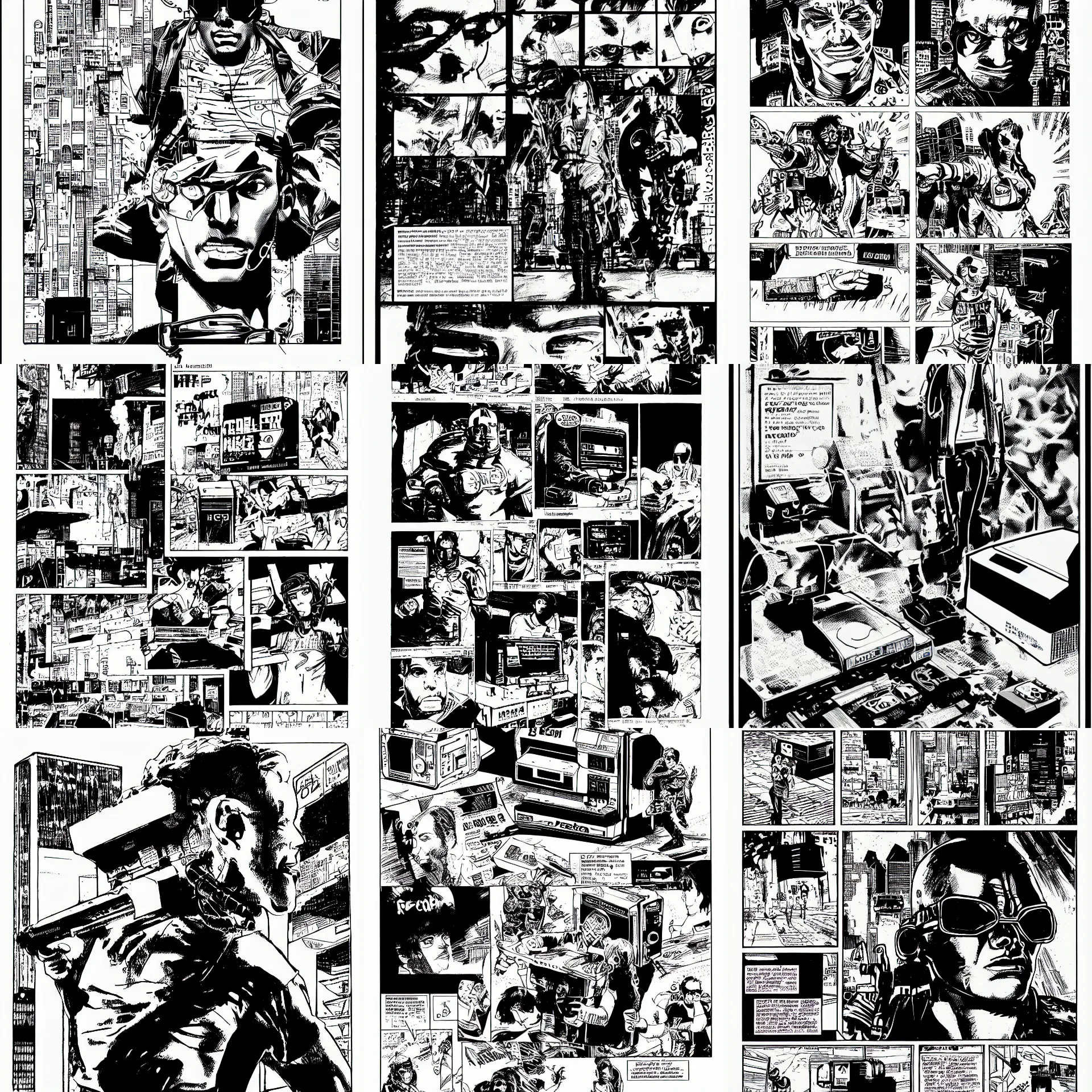 Prompt: ibm pc 5 1 6 0 product shot, a page from cyberpunk 2 0 2 0, style of paolo parente, style of mike jackson, 1 9 9 0 s comic book style, white background, ink drawing, black and white