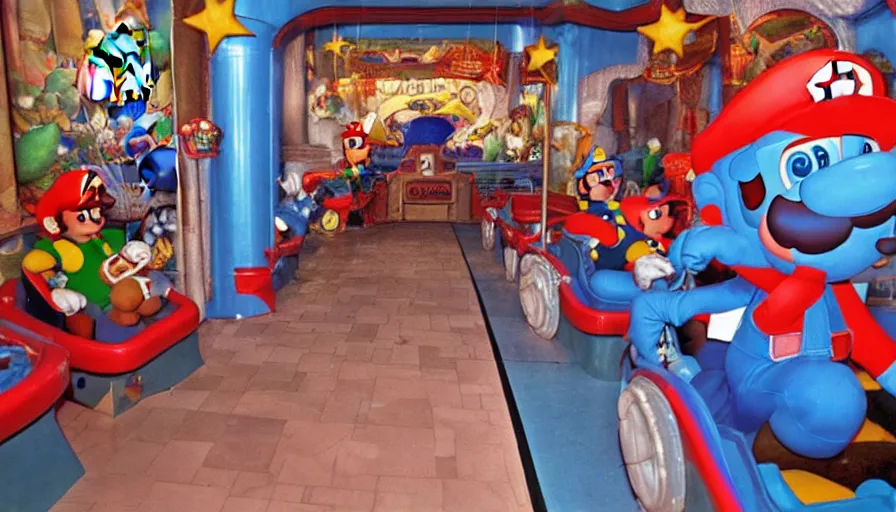Prompt: 1990s photo of inside the Super Mario ride at Universal Studios in Orlando, Florida, riding with Super Mario through Bowser's Castle , cinematic, UHD