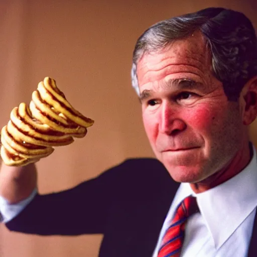 Image similar to George W. Bush closely examining a pretzel. Nefarious, uneasy, worried, concerned. CineStill.