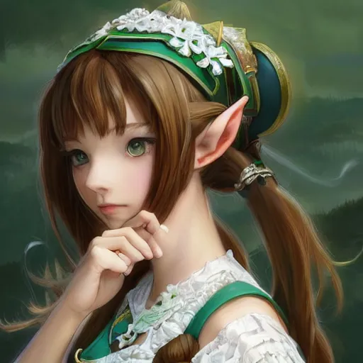 Image similar to full body of a beautiful zelda high school girl, brown hair, ponytail, white ribbon, green eyes, full perfect face, western, fantasy, intricate, elegant, highly detailed, digital painting, artstation, detailed school background, matte, sharp focus, illustration, art by Artgerm, Greg Rutkowski, Alphonse Mucha, Sasoura, Satchely, no distorsion