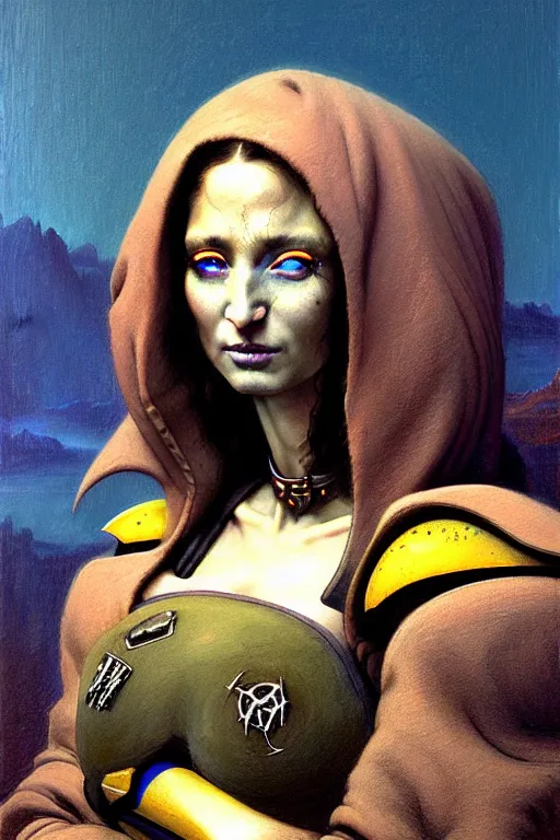 Image similar to character portrait cyberpunk starcraft terran warhammer 4 0 k space marine tech priest warrior princess ( ( ( ( ( ( ( ( totally definitely not negative no not mona lisa inspired ) ) ) ) ) ) ), beksinski character design, painting by gaston bussiere, katsuya terada, frank frazetta, tom of finland, trending on artstation