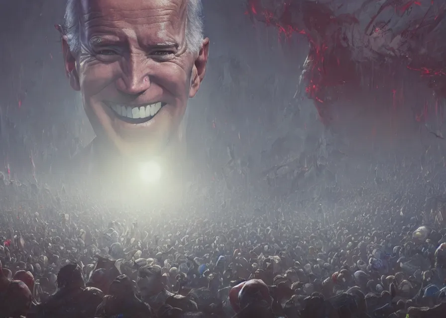 Image similar to large abstract painting of giant Joe Biden cosmic horror grinning at giant immense crowd of person army, trending on ArtStation, masterpiece, by Greg Rutkowski, by Ross Tran, by Fenghua Zhong, octane, lightbeam eyes, soft render, clear facial features, oil on canvas,, moody lighting, cinematic, professional environment concept art
