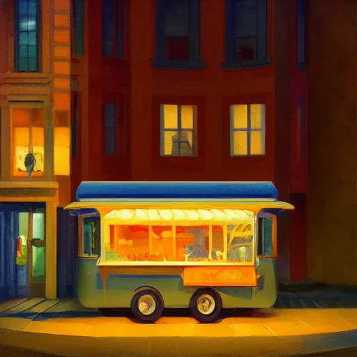 Image similar to a storybook illustration of a lone foodtruck glowing from inside, quiet night scene like Edward Hopper masterpiece, intricate, elegant, fantasy, highly detailed, digital painting, concept art, sharp focus, artstation