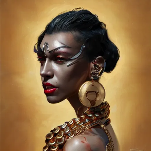 Prompt: detailed oil portrait of tall muscular shining bronze - skinned warrior cat with silver eyes, with short wavy flowing black hair and big gold earrings, jewelry, red lipstick, makeup, feminine, volumetric lighting, dynamic composition, art by sachin teng and sergey kolesov and ruan jia and heng z, scifi, concept art