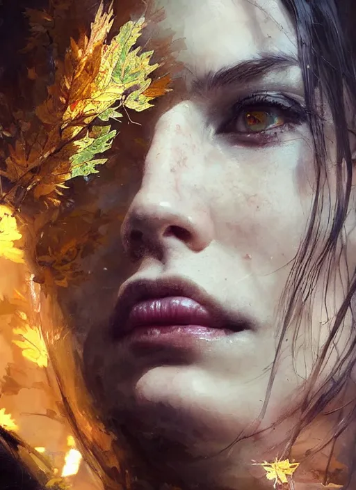 Image similar to golden leaves, beautiful portrait painting by jeremy mann, a female witch absurdly beautiful, elegant, ultrafine hyperrealistic detailed face illustration by wlop and artgerm and greg rutkowski, intricate linework, sharp focus, smooth, octopath traveler, final fantasy, unreal engine, dramatic lighting, ethereal, 8 k