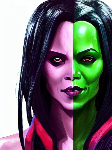 Image similar to gamora from guardians of the galaxy played by zoe saldana, portrait, digital painting, elegant, beautiful, highly detailed, artstation, concept art