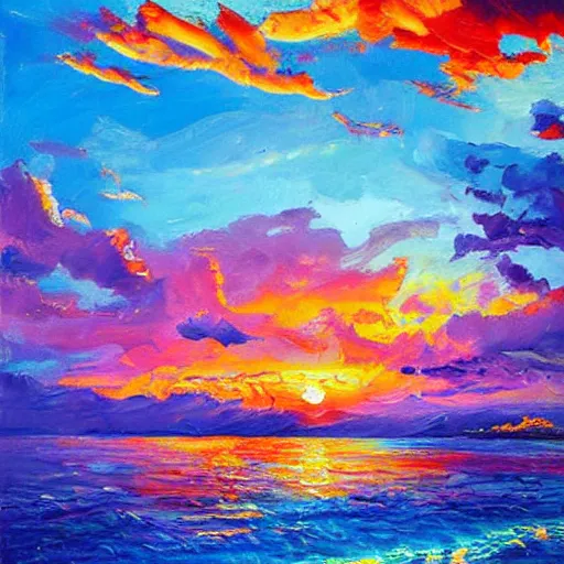 Image similar to an impasto oil painting of beautiful tropical islands during a colorful sunsetpainted by ken hong leung