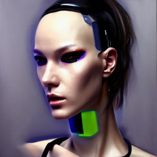 Image similar to cyberpunk cyborg fashion model portrait, hyperrealism oil painting, artstation