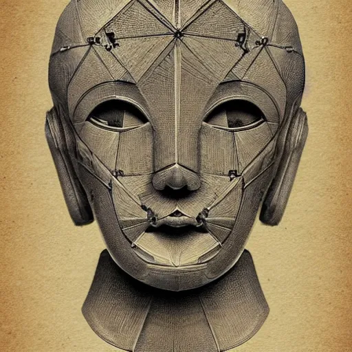 Image similar to technical drawing of ancient womanized humanoid robot, symmetrical, anatomically correct, old historical photo, ancient paper, photorealistic