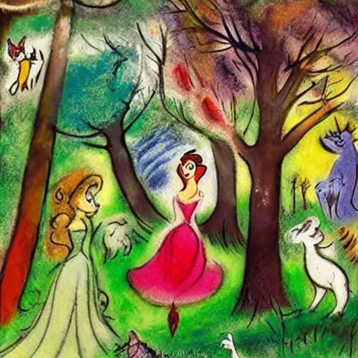 Prompt: A detailed mixed media art of Princess Aurora singing in the woods while animals look on. The colors are light and airy, with a hint of mystery in the shadows. The overall effect is dreamlike and fairy-tale like. by Walt Disney, by Marc Chagall